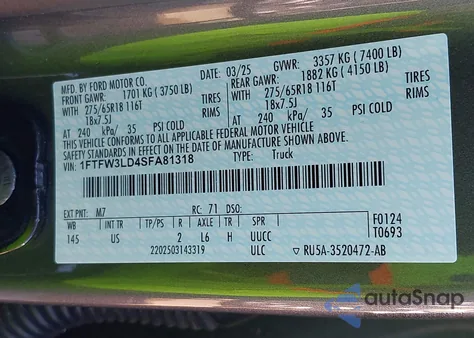 2025 Ford F-150 Xlt из США, поврежденный, VIN 1FTFW3LD4SFA81318